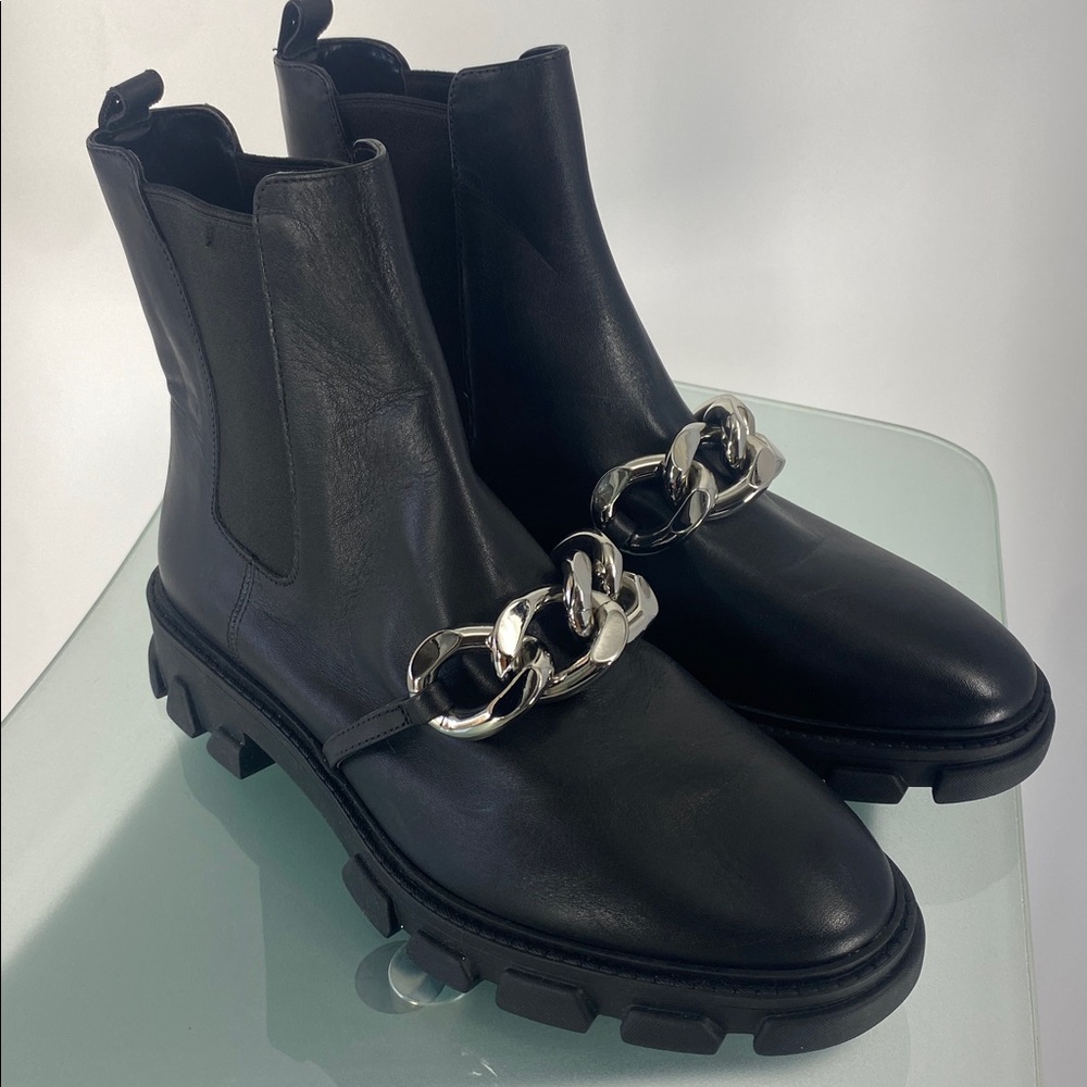Michael Kors Chain Ankle Boots | Black Leather Lug Sole | Size 9.5 - Picture 9 of 10
